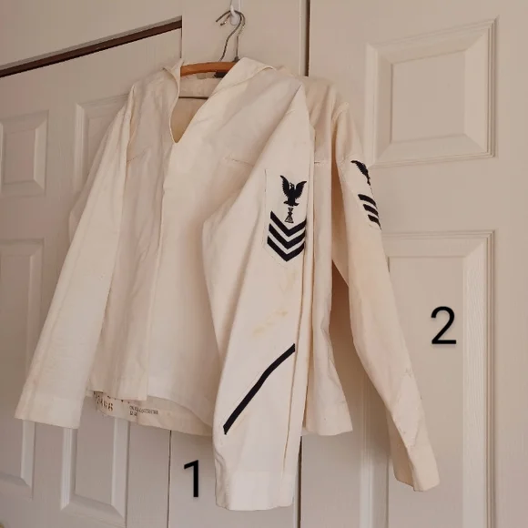 50s - 60s Vintage White 2 Navy Uniform Tops with Black Insignia. Shirts Retro - Picture 1 of 16